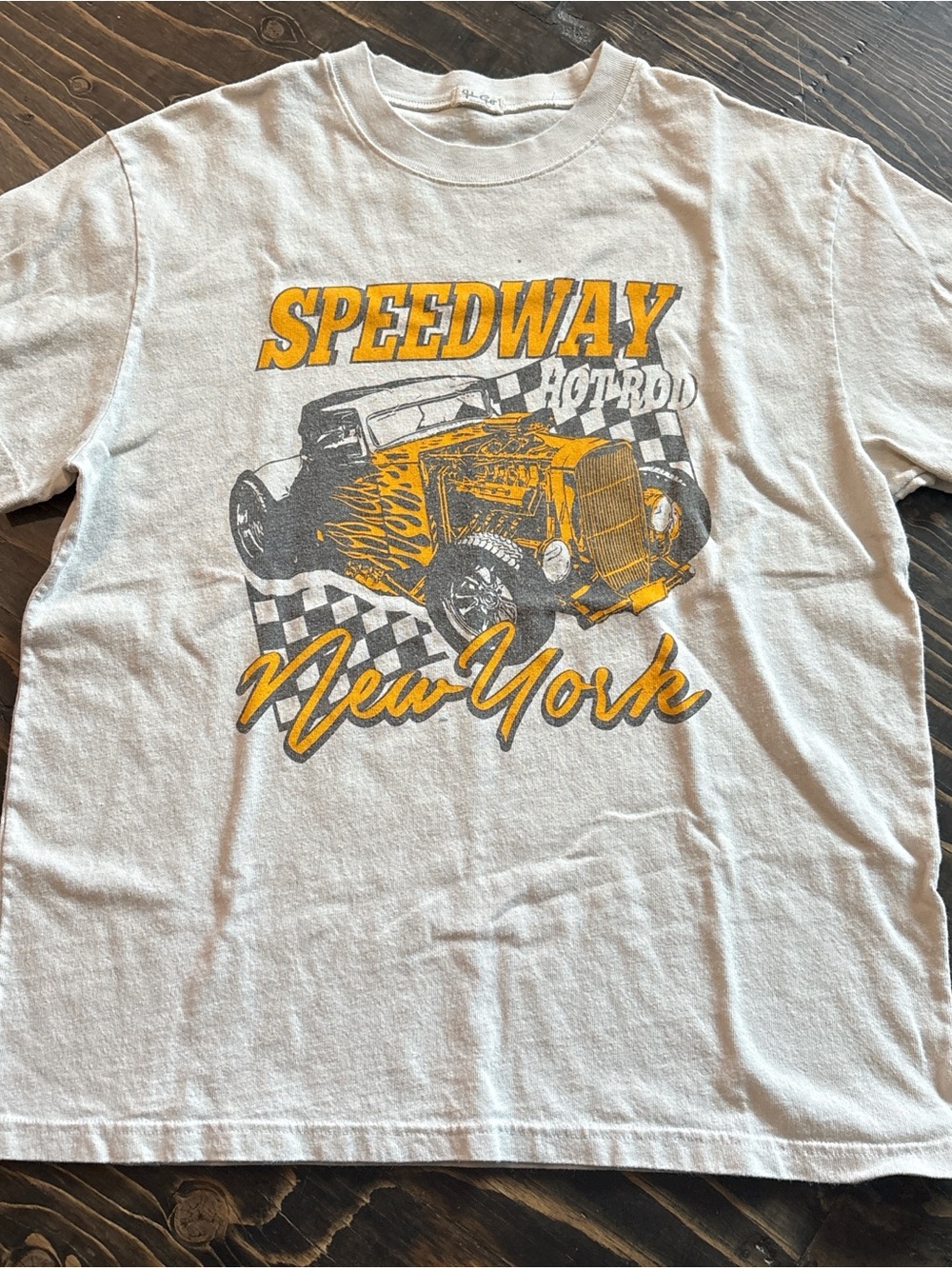Brandy Melville White Speedway New York Graphic Tee with Yellow and Gray Print